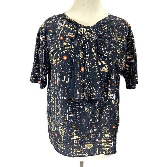 Marc Jacob Blouse Womens Size 4 Black Silk Retro Abstract Print Short Sleeve Bow - Picture 1 of 8